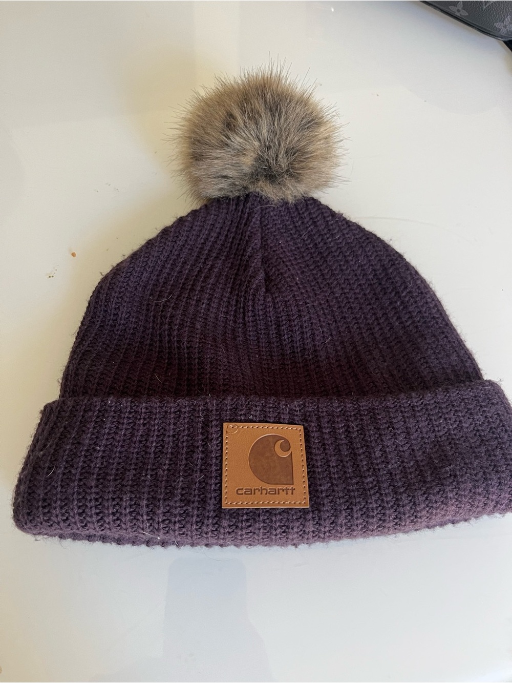 Carhartt  Deep Purple Knit Beanie with Faux-Fur Pom and fleece lining